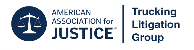 Logo for the American Association for Justice—Trucking Litigation Group, featuring a blue circle with scales of justice and the group name divided by a vertical line.