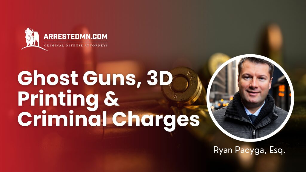 Hero banner for ArrestedMN.com about ghost guns, 3D printing and criminal charges; logo top left with a circular portrait on the right.