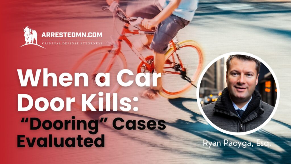 Advertising banner for ArrestedMN, featuring a speeding cyclist on a red-blue background and a circular portrait on the right, with a bold headline about car-dooring cases evaluating claims.