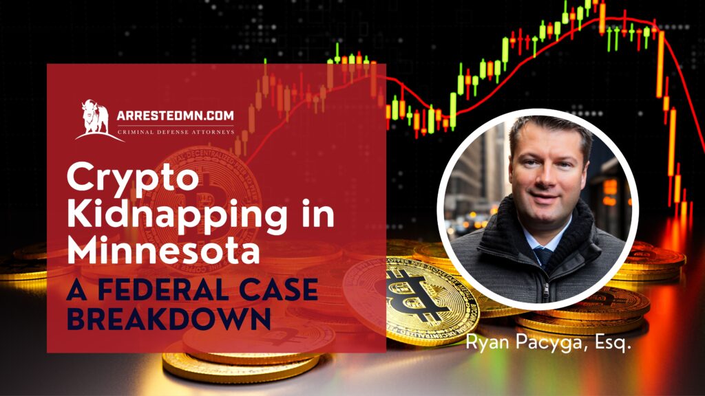 Cover image for a crypto kidnapping story: red panel with ARRESTEDMN.COM logo, title 'Crypto Kidnapping in Minnesota', and a circular portrait of a man with bitcoin coins and a stock-chart background.