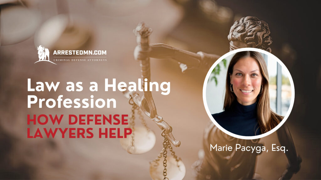 Banner for ArrestedMDN.com with a gavel image, logo on the left, and a circular portrait of a smiling attorney on the right; headline reads 'Law as a Healing Profession.'