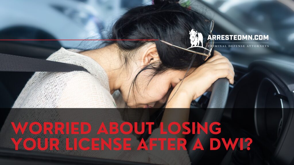 Distraught woman in a car holding the steering wheel, seatbelt on, overlaid with a DUI license-loss ad message.