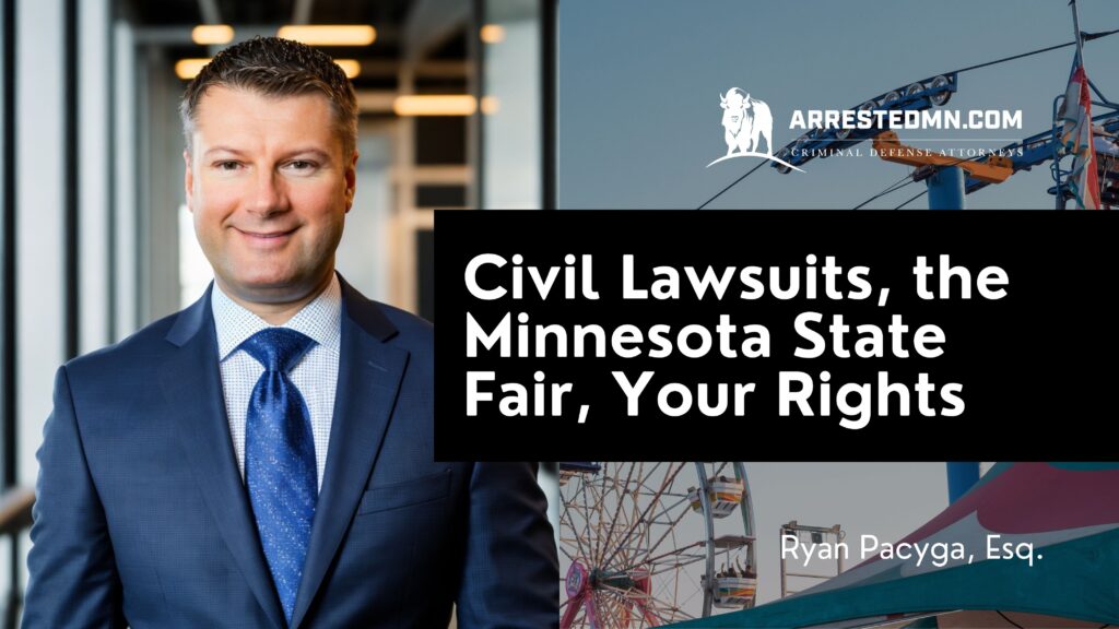 Portrait of a smiling man in a navy suit next to a bold black headline about civil lawsuits at the Minnesota State Fair, with a ferris wheel in the background.