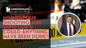 Banner for a legal article: bold red text about Minneapolis shooting and ERPO laws, with police tape background and a circular portrait of a lawyer on the right.