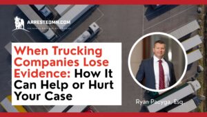 Aerial view of a truck yard with a bold red-and-white article headline and a circular portrait of a man in a suit on the right.