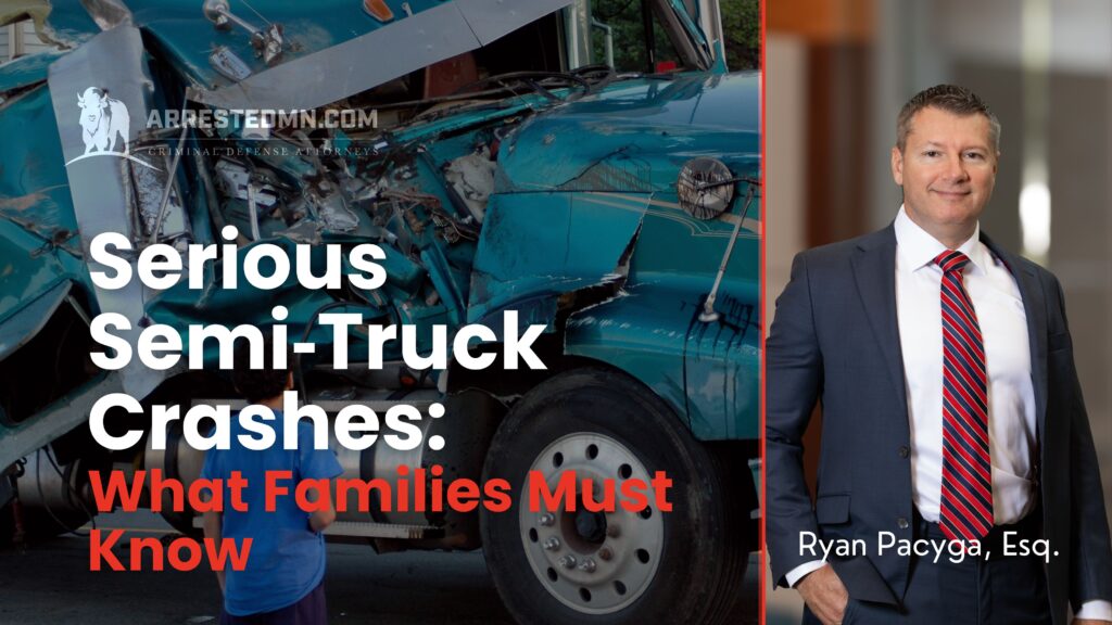 Banner image for a legal article about serious semi-truck crashes; large white and red title text with a suited man on the right.
