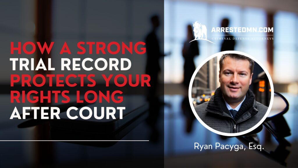 Split banner ad with bold red/white text about trial records protecting rights; right side shows a man’s portrait in a circle.
