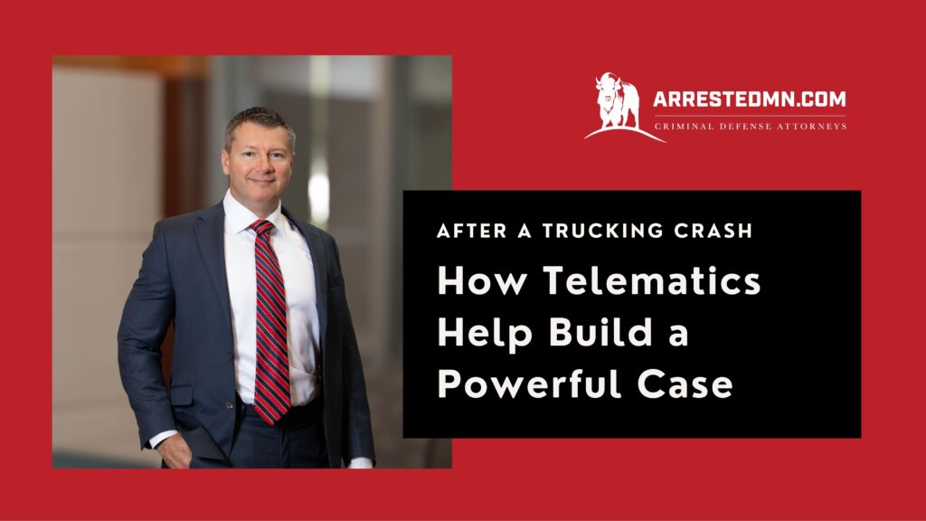 Businessman in a navy suit and red striped tie posing for a thumbnail on a red background with a black panel reading 'After a Trucking Crash How Telematics Help Build a Powerful Case' and a white logo in the corner.