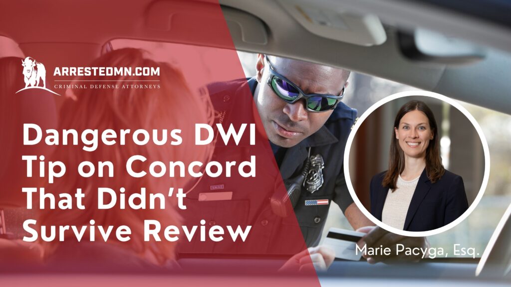 Banner image for a legal article: a police officer inside a car with a red translucent overlay and a circular portrait of a woman, plus bold white text about a dangerous DWI tip on Concord.