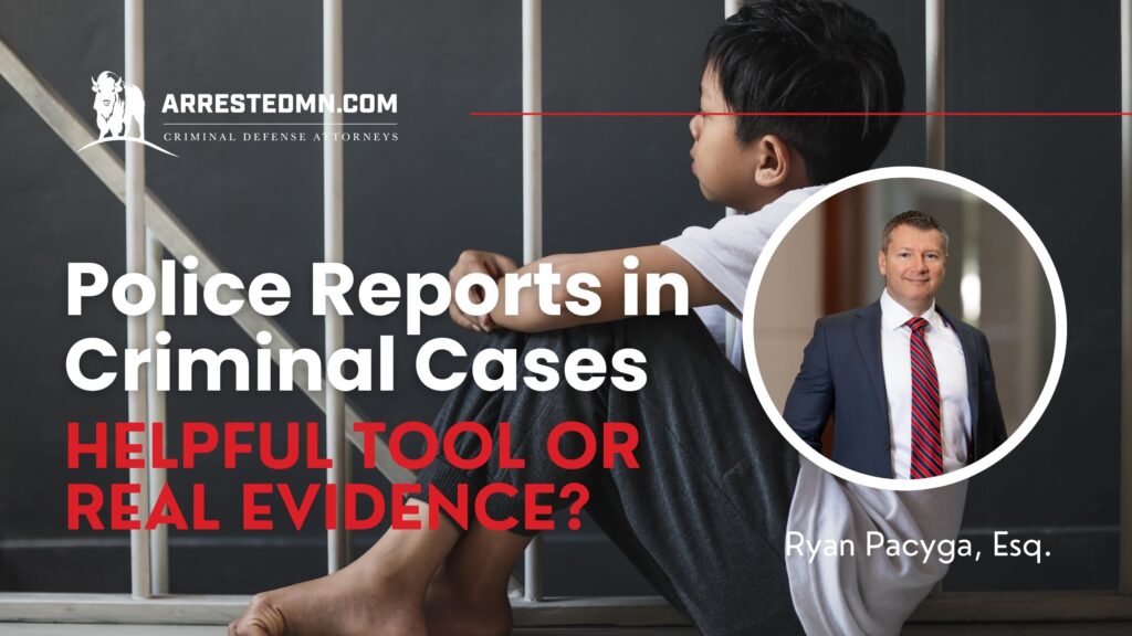Magazine-style cover image: a child sits beside metal bars with a circular inset of a suited lawyer, overlaid by large white and red headline text about police reports in criminal cases.