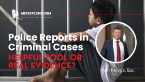 Magazine-style cover image: a child sits beside metal bars with a circular inset of a suited lawyer, overlaid by large white and red headline text about police reports in criminal cases.
